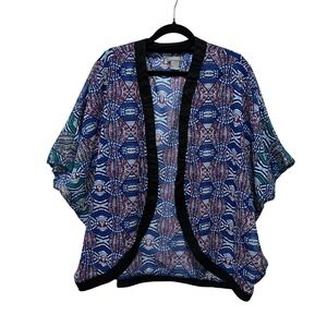 Angie Womens Blue Geometric Tribal Print Open Front Kimono Cardigan Large